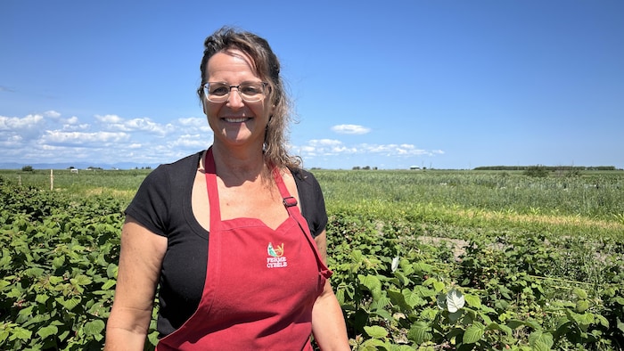 Sophie Demougeot devant son champs de framboises.