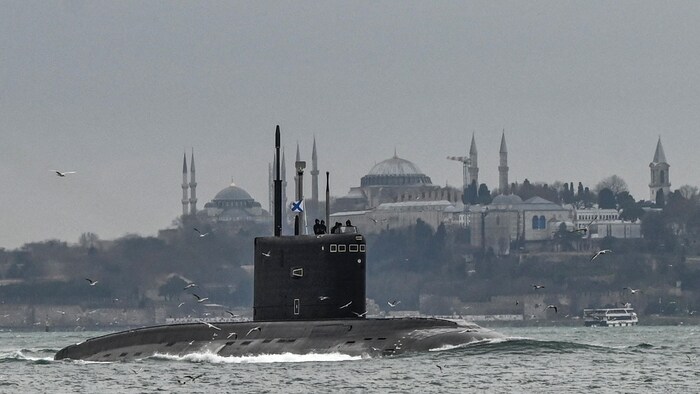 A submarine sails off the coast of a city.