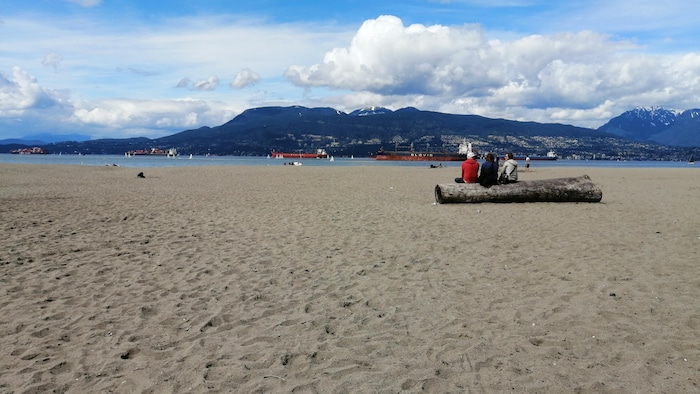 Trois personnes sont assises sur une immense bûche échouée sur une plage de sable. Au loin, des bateaux de la marine marchande naviguent au pied des montagnes.