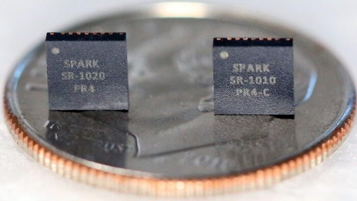 Deux petites puces informatiques sur une pièce de monnaie.