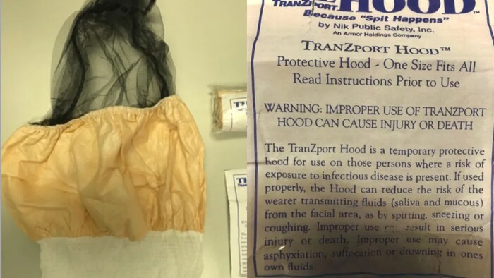 A label on the packaging of the particular spit hood used on Faqiri before his death states, 'Warning: Improper use of TranZport Hood can cause injury or death,' (Court documents)