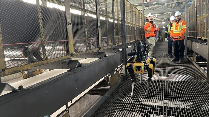 Quelques hommes en tenue de sécurité sont derrière un robot quadrupède qui effectue une inspection d'un convoyeur industriel.