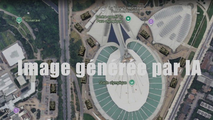 Plusieurs chars d'assaut autour du stade, sur une carte de style image satellite.