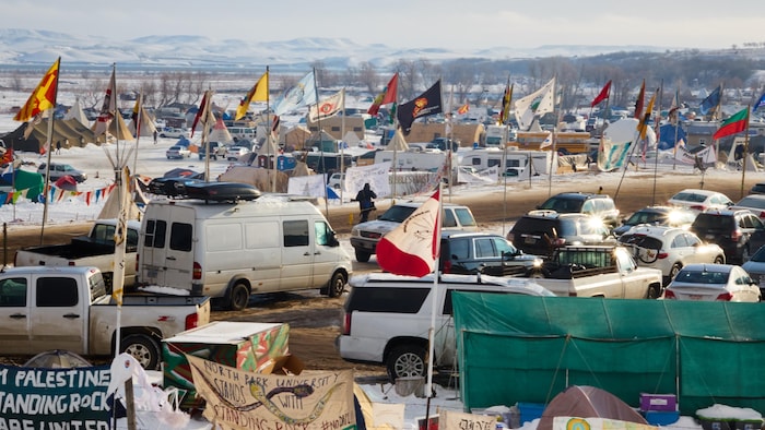 Vue d'ensemble du camp Oceti Sakowin, près de la réserve indienne de Standing Rock, dans le Dakota du Nord.