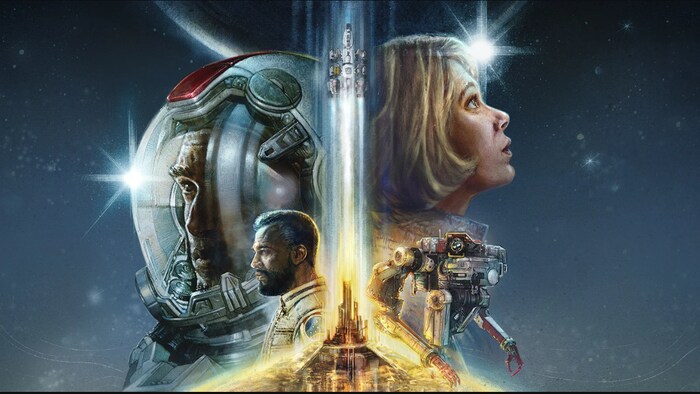 Affiche d'un jeu vidéo montrant des astronautes regardant vers le ciel, et des robots. 