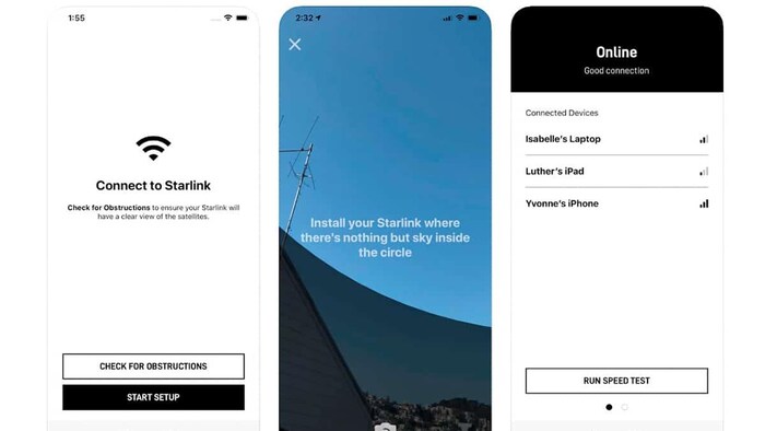 Trois écrans de cellulaire montrant un aperçu de différentes pages de l'application Starlink.