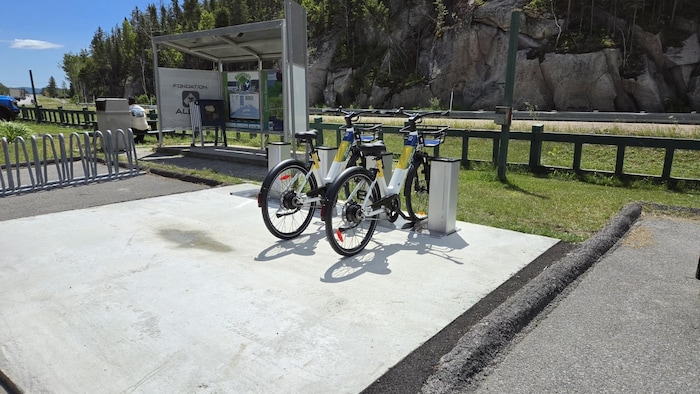 Deux vélos électriques ancrés à une station de location extérieure.