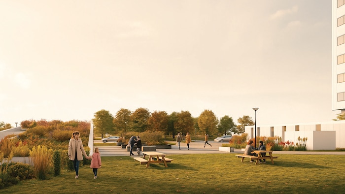 Esquisse des aménagements de surface d’un futur stationnement souterrain dans le secteur Sainte-Foy, à Québec.