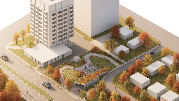 Esquisse des aménagements de surface d’un futur stationnement souterrain dans le secteur Sainte-Foy, à Québec.