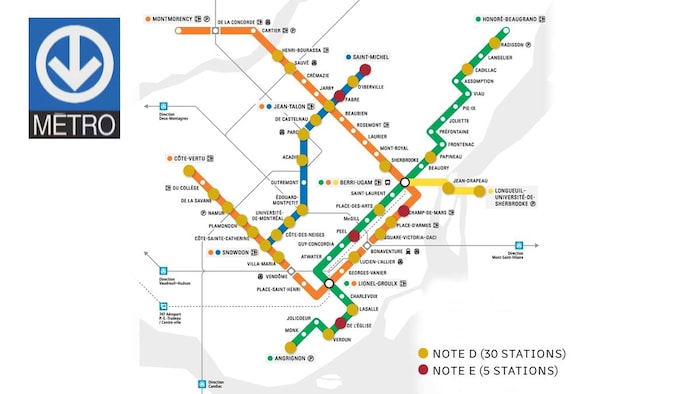 Une carte du métro indique toutes les stations du métro de Montréal avec la cote qu'elles ont reçue.