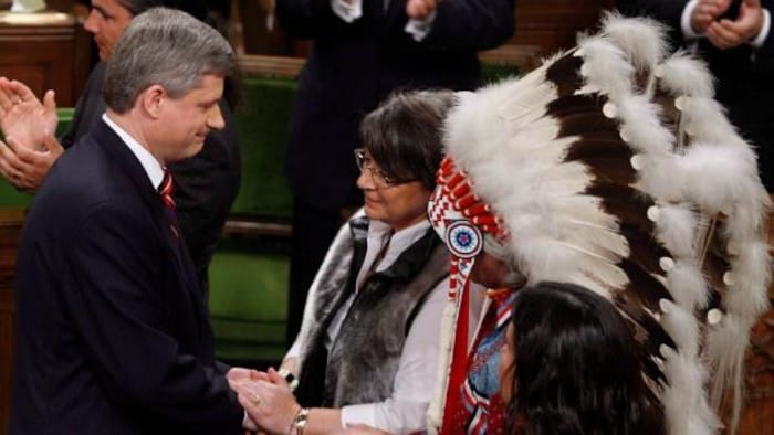 Stephen Harper serrant la main aux chefs autochtones.