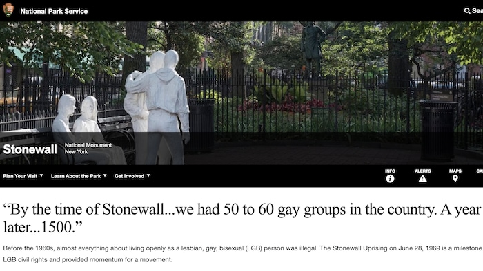 La page tirée du site web du Service des parcs nationaux américains parle de la communauté LGB.