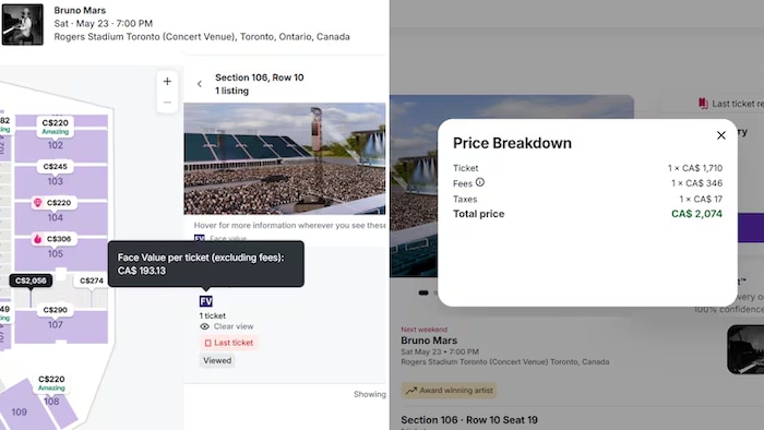 Deux captures d’écran de la plateforme Stubhub, indiquant la valeur de départ, puis la facture finale.