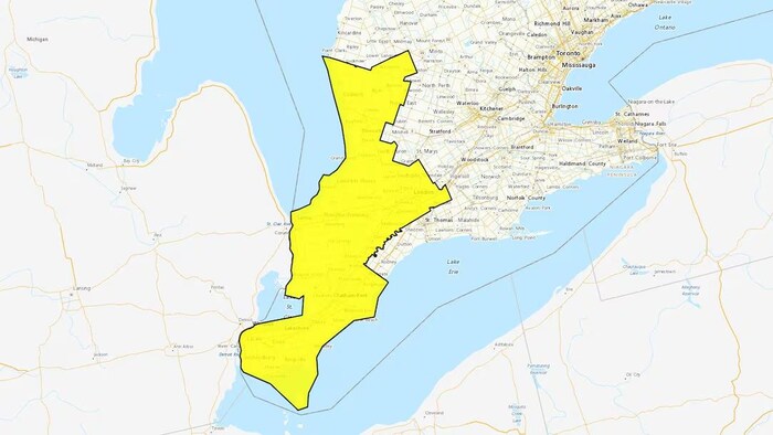 Carte montrant l'alerte de chaleur jaune dans le sud-ouest de l'Ontario.