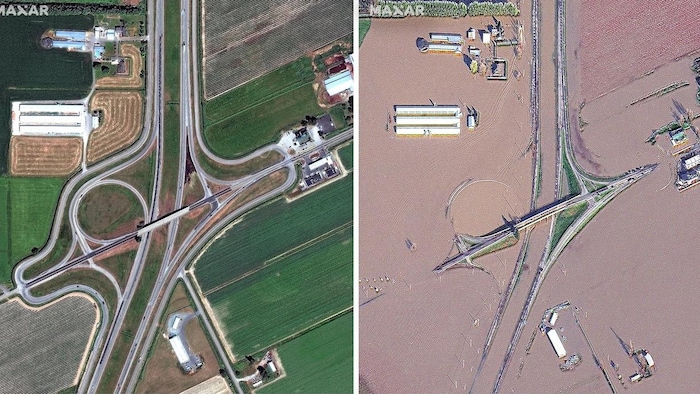 Images satellites montrant les inondations à Sumas Prairie, à Abbotsford en Colombie-Britannique.