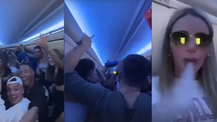 Un montage de trois images montre des gens en train de faire la fête dans l'allée d'un avion et une femme qui vapote.