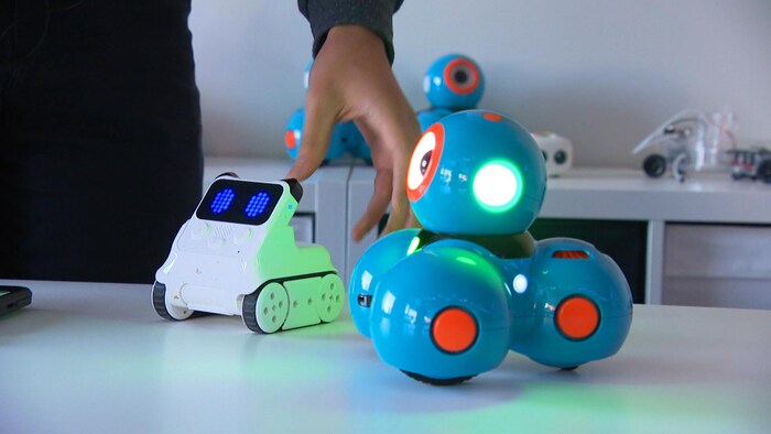 Deux petits robots sur une table.