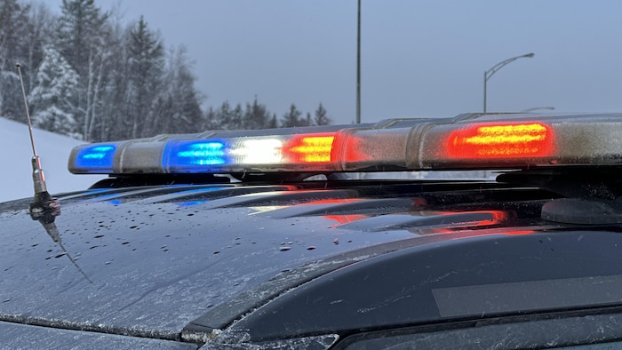 Gros plan de gyrophares sur un véhicule de police.