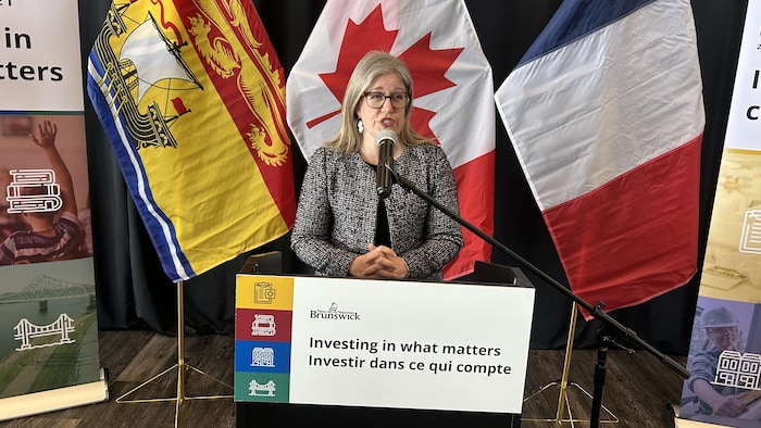 Susan Holt parle au micro devant des drapeaux.