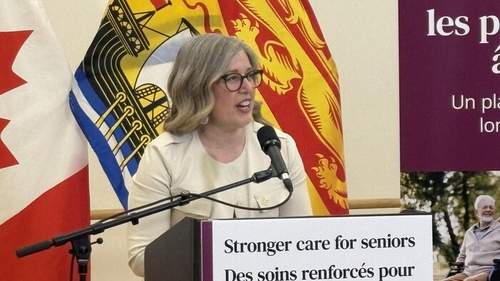 Susan Holt parle au micro, devant un drapeau du Nouveau-Brunswick.