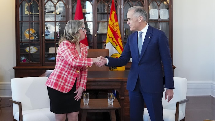 Susan Holt serre la main de Mark Carney.