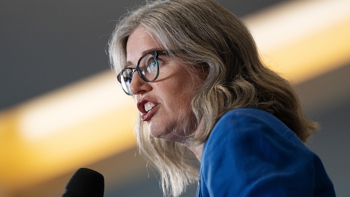 Gros plan sur Susan Holt qui s'exprime devant un micro.