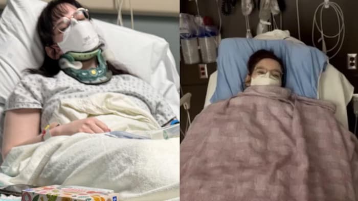 Deux photos de Sydney Gesualdi allongée dans un lit d'hôpital, portant un masque médical et un collier cervical lors de différents séjours à l'hôpital.