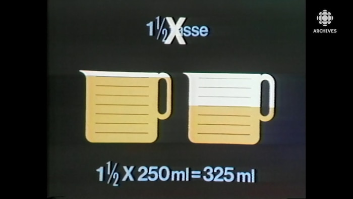 Une illustration montre l'équivalence avec des tasses à mesurer entre une tasse et demi et 325 ml.