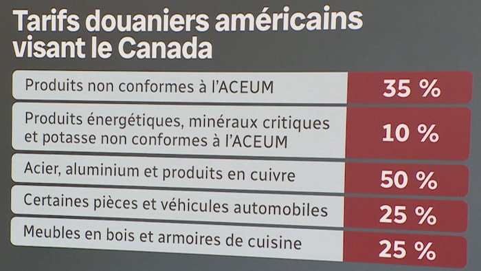 Capture d'écran du tableau des tarifs douaniers visant le Canada.