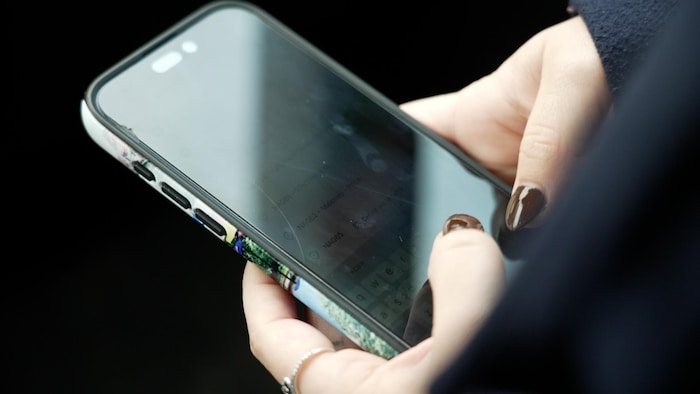 Une personne tient un cellulaire doté d'une coque illustrée.