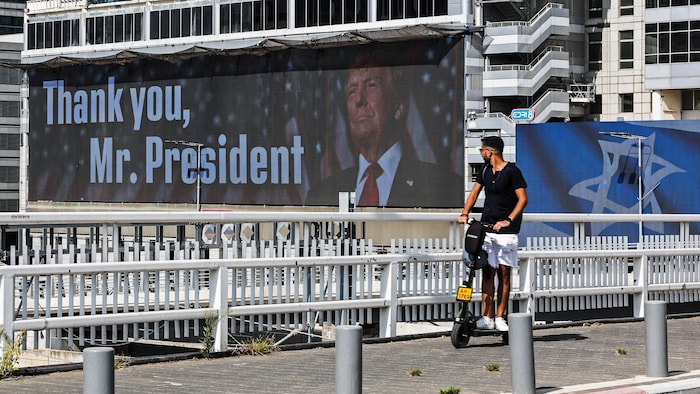 A large display panel is a message of thanks for President Donald Trump.