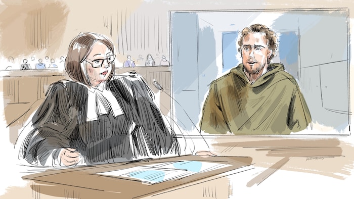 Un croquis de la procureure Meaghan Cunningham ainsi que de Brett Howden qui apparaît sur un écran