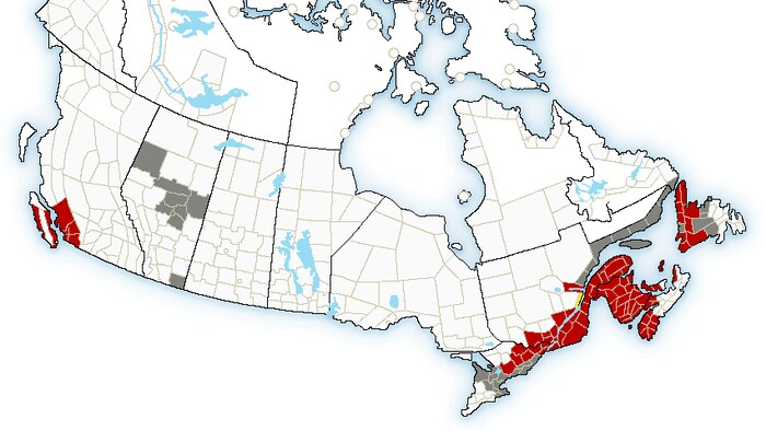 Map of Environment Canada with areas highlighted in red.