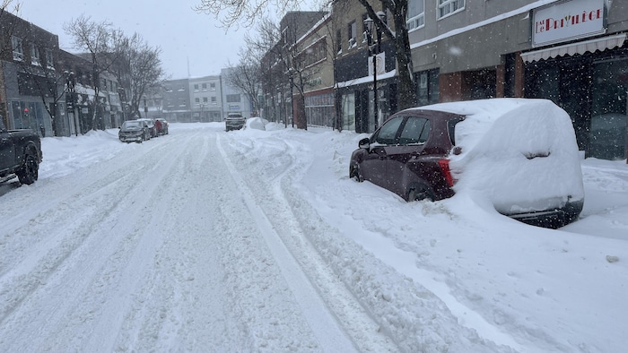 Des véhicules stationnés sur une rue enneigée.