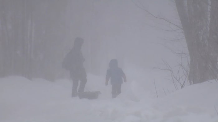 Deux personnes sous la neige.