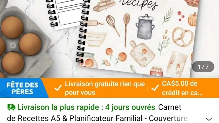 Un cahier vendu dans l'interface de ventes de Temu.