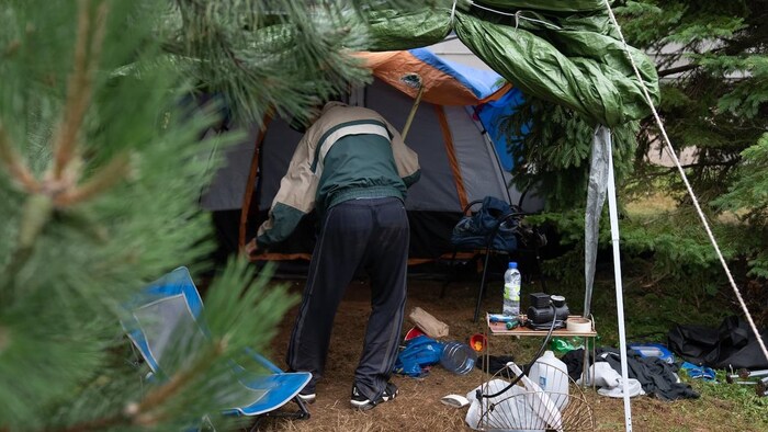Un sans-abri à côté d'une tente installée au milieu des arbres.