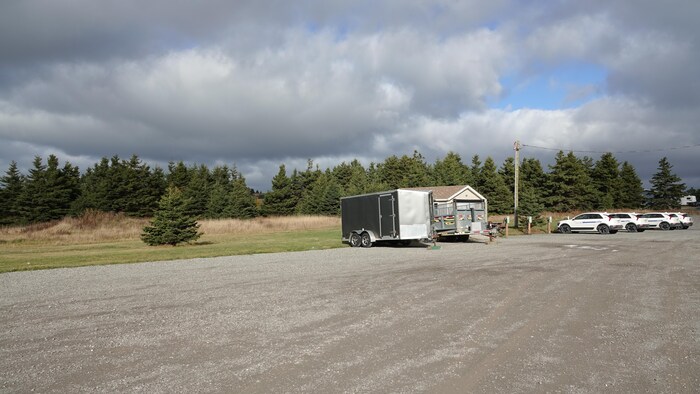 Un terrain avec des conifères vu d'un stationnement.