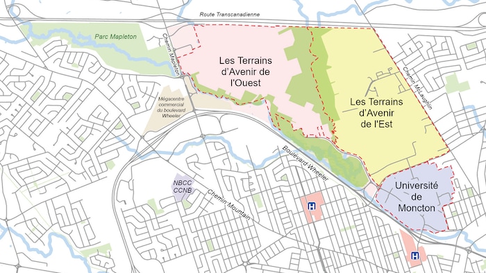 Une carte avec des terrains que souhaite aménager la Ville de Moncton.