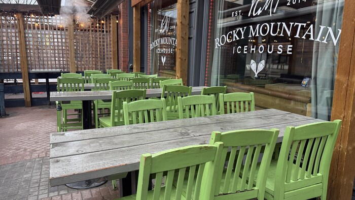Une terrasse avec des tables, des chaises, et une chauffeuse en arrière-plan.