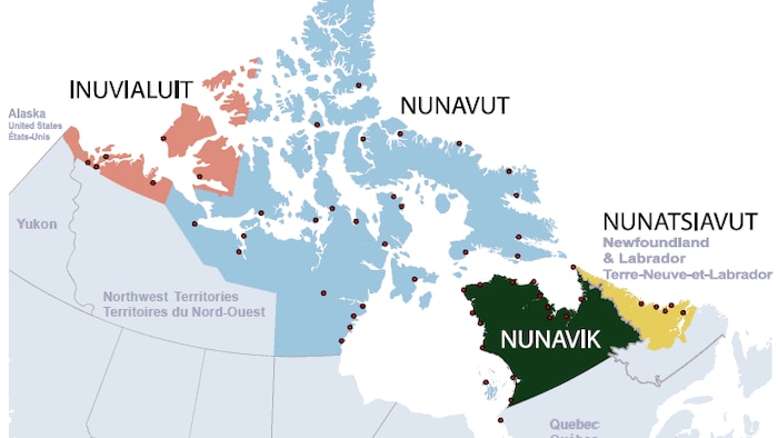 Carte du nord du Canada où sont situées les quatre régions du Nunangat.