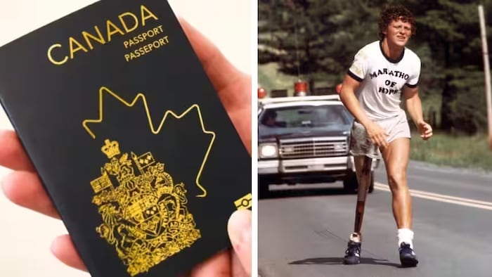 Un montage de deux photos : à gauche le nouveau passeport du Canada et à droite Terry Fox lors de son Marathon de l'espoir.