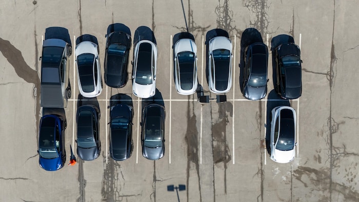 Tesla electric cars from the air.