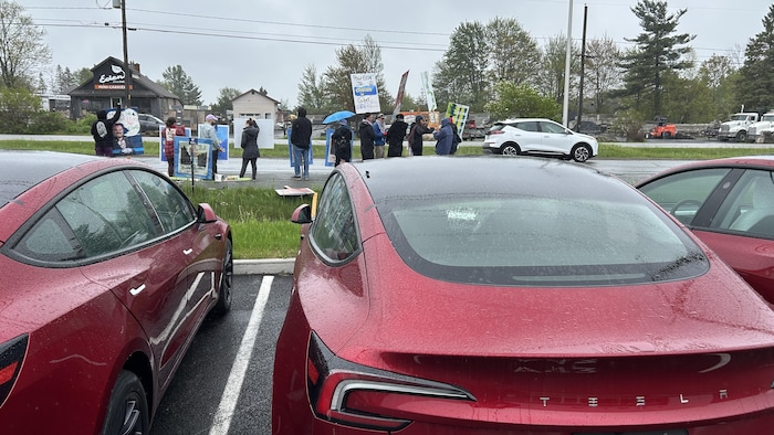 Ils manifestent devant des voitures Tesla.