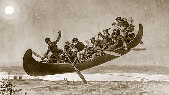 Une œuvre représentant des bûcherons à bord d'un canot volant.