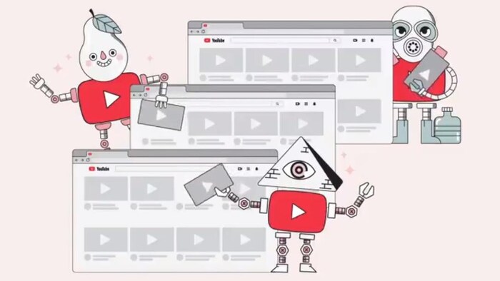 Illustrations de différents robots qui recommandent des vidéos sur la page d'accueil de YouTube.