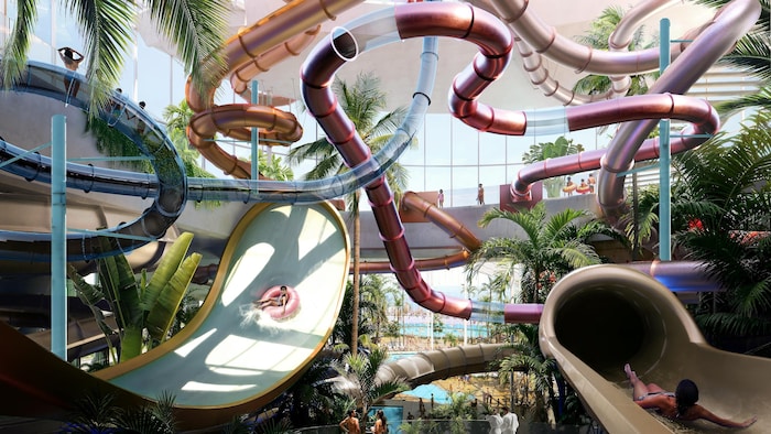 Des personnes glissent dans des toboggans aquatiques.