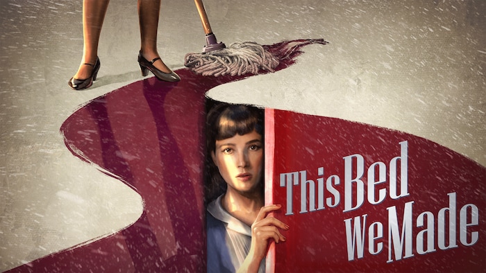 Title of the game in a puddle with a woman who passes the mop.