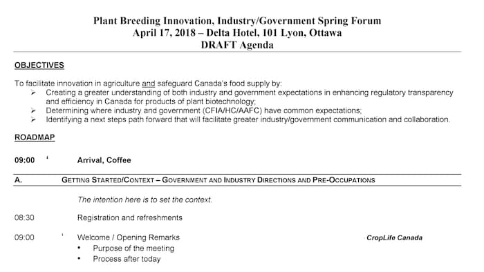 Brouillon d'agenda pour une rencontre entre les représentants de l'industrie et les fonctionnaires dans un hôtel d'Ottawa, le 17 avril 2018.