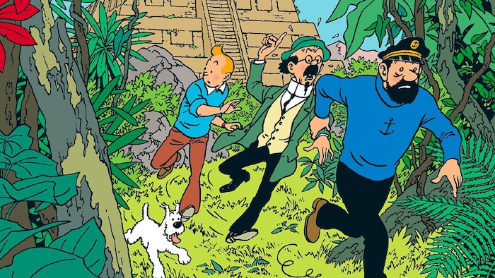 Tintin et ses acolytes courent dans la jungle.
